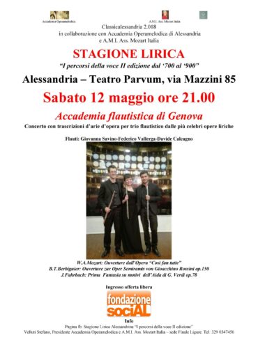 Accademia flautistica di Genova ad Alessandria Concerto “L’opera in salotto” Sabato 12 Maggio 2018 ore 21 Alessandria